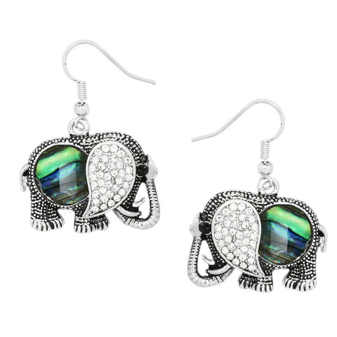 Elephant Earrings Sea Life Abalone Shell Metal Drop Dangle SILVER Rhinestone - PalmTreeSky