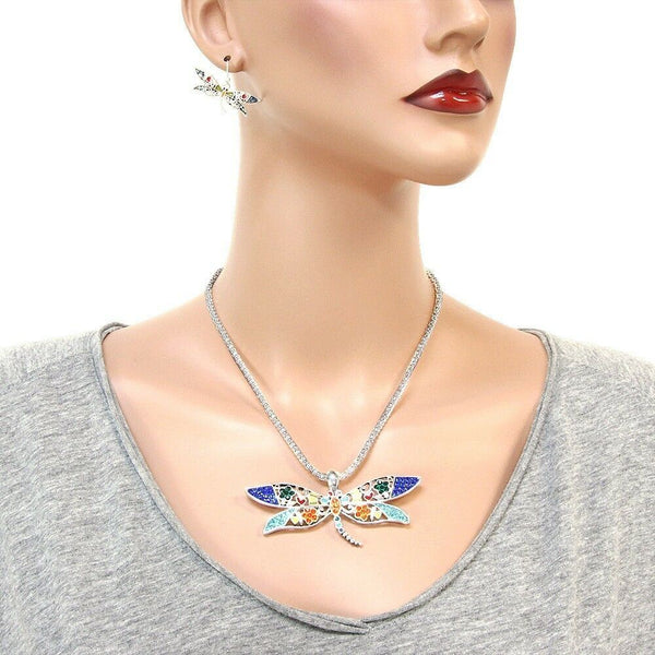 Dragonfly Necklace SET Beaded Pave Crystals Metal SILVER MULTI Beach Surf Nature - PalmTreeSky