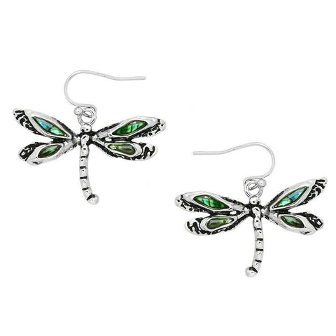 Dragonfly Earrings Abalone Shell Metal 31mm Drop Dangle SILVER Bug Fly Jewelry - PalmTreeSky