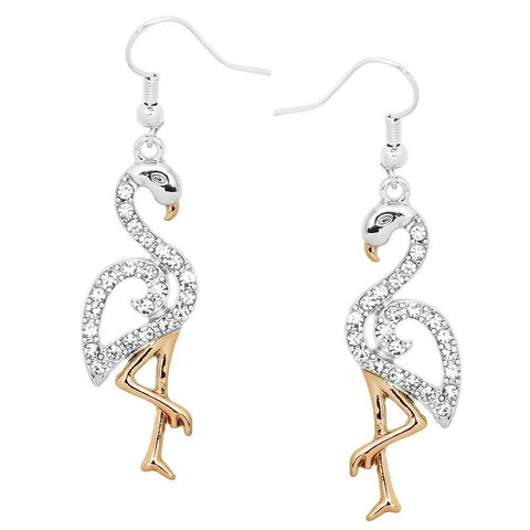 Flamingo Earrings Rhinestone Bird Tropical Drop Dangle Beach Florida SILVER ROSE - PalmTreeSky