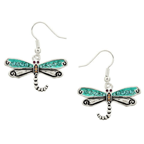 Dragonfly Earrings Enamel Pave Rhinestones Drop Dangle SILVER Turquoise Jewelry - PalmTreeSky