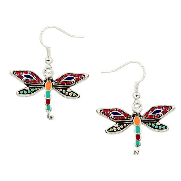 Dragonfly Earrings Multi Color Beaded Metal Drop Dangle SILVER Bug Jewelry - PalmTreeSky