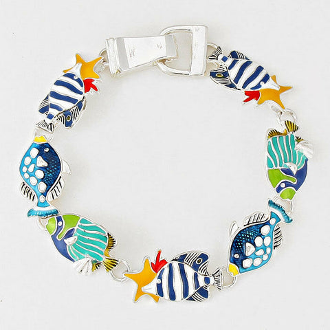 Fish Bracelet Magnetic Clasp Metal Link Beach SeaLife Nautical SILVER MULTI BLUE - PalmTreeSky