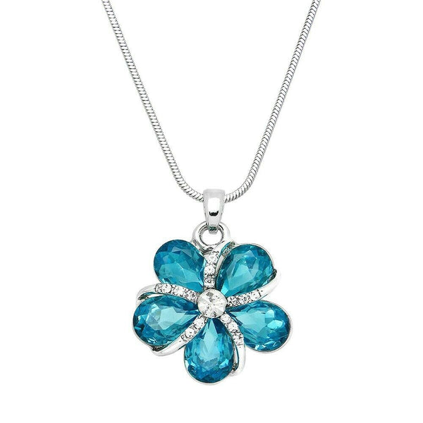 Flower Necklace 25mm Pendant Crystal Pave Rhinestone Swirl Floral SILVER AQUA - PalmTreeSky