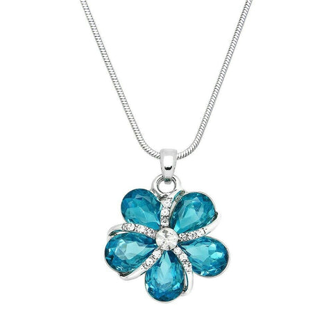 Flower Necklace 25mm Pendant Crystal Pave Rhinestone Swirl Floral SILVER AQUA - PalmTreeSky