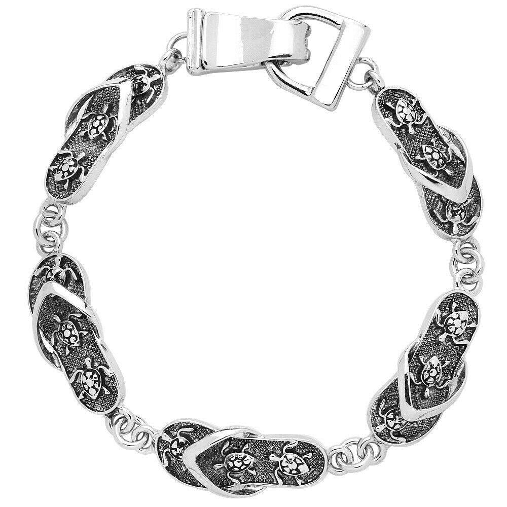 Flip Flop Bracelet Magnetic Clasp Sandal Sealife Beach Turtle Detail SILVER - PalmTreeSky