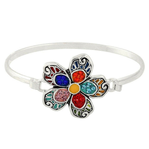 Flower Bracelet Hinge Bangle Pave Crystals SILVER MULTI Enamel Beach Floral - PalmTreeSky