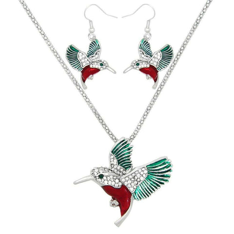 Hummingbird Necklace Earrings Set Pave Rhinestone Bird Fly Red SILVER Jewelry - PalmTreeSky