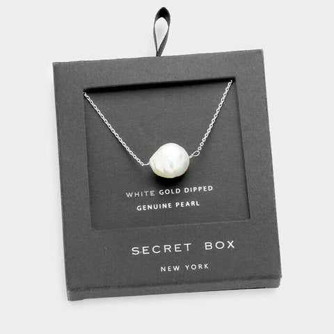 Pearl Necklace Tiny Pendant Secret Gift Box Thin Chain WHITE GOLD DIPPED Jewelry - PalmTreeSky