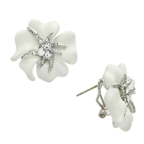 Flower Earrings Stud Post Leverback Rhinestone Beach Floral Surf SILVER WHITE - PalmTreeSky