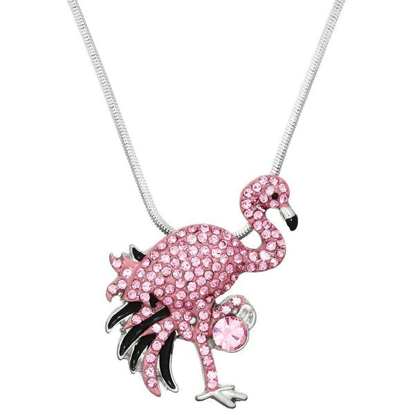 Flamingo Necklace Crystal Rhinestone Bird Tropical Beach Florida SILVER PINK - PalmTreeSky