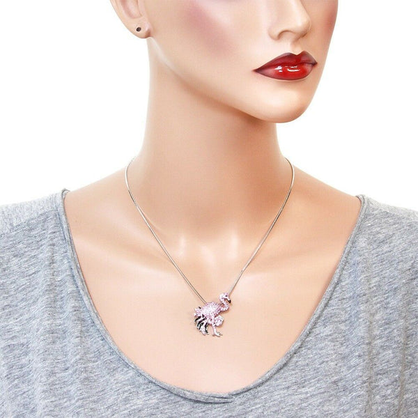 Flamingo Necklace Crystal Rhinestone Bird Tropical Beach Florida SILVER PINK - PalmTreeSky