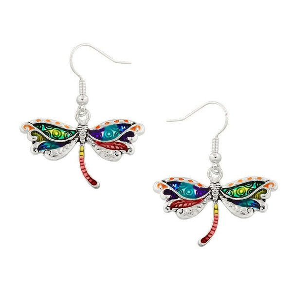 Dragonfly Earrings Multi Color Enamel Metal Drop Dangle SILVER Bug Jewelry - PalmTreeSky