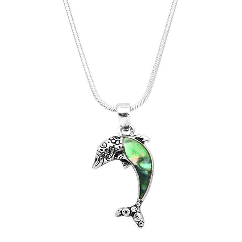 Dolphin Necklace Small Pendant Abalone Shell Textured Metal Sea Life SILVER - PalmTreeSky