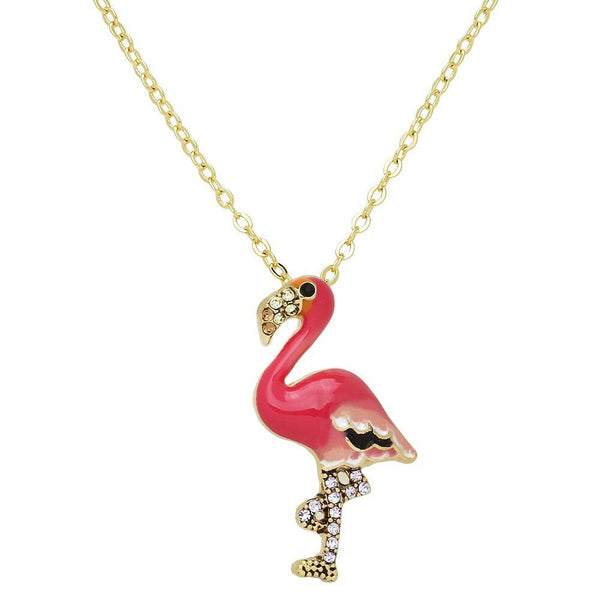 Flamingo Necklace Rhinestone Hook Sea Life Bird Florida Sand GOLD PINK Pendant - PalmTreeSky