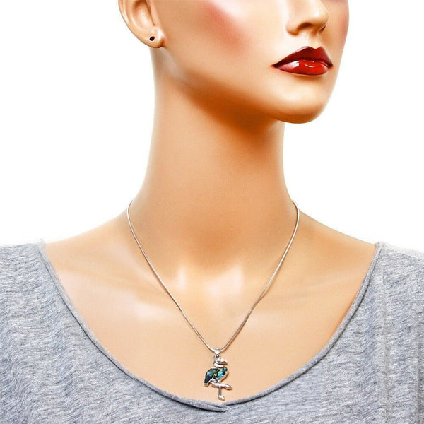 Flamingo Necklace Rhinestone Bird Tropical ABALONE SHELL Beach Florida SILVER - PalmTreeSky