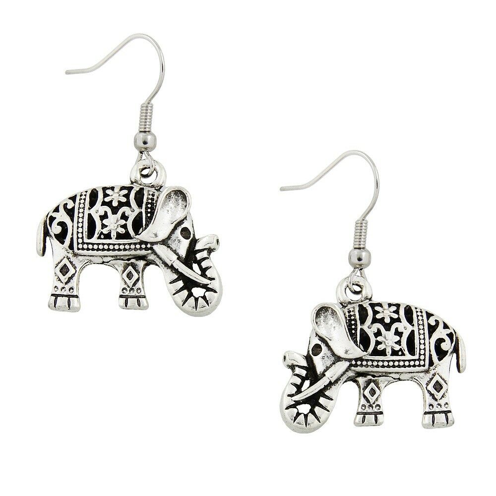 Elephant Earrings Textured Metal Drop Dangle SILVER Good Luck Horn Jewelry - PalmTreeSky