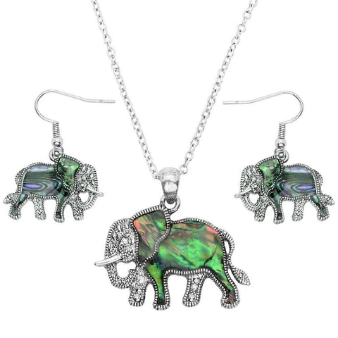 Elephant Necklace Abalone Shell Marcasite Chunky Pendant Pave Rhinestone SILVER - PalmTreeSky