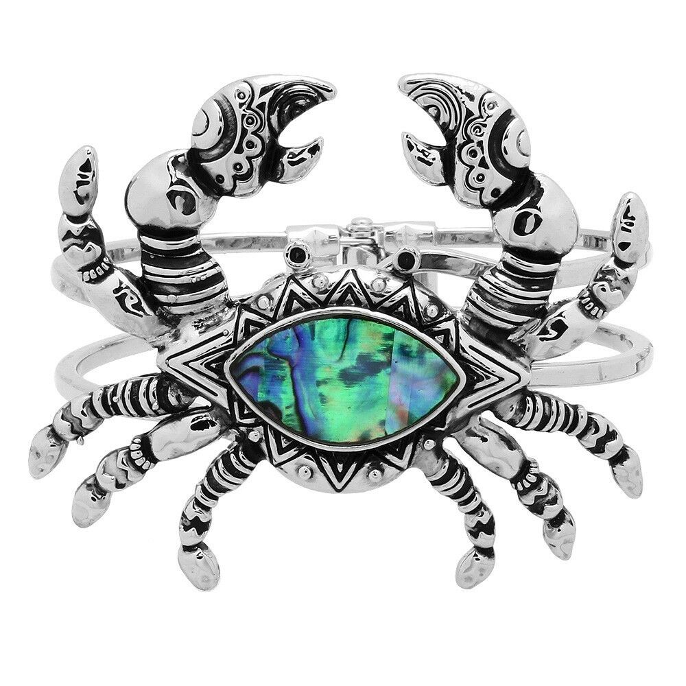 Crab Bracelet Hinge Bangle Double Bar Filigree Metal SILVER Abalone Shell Sea - PalmTreeSky