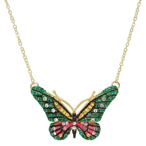 Butterfly Necklace 1.6" Pendant Pave Rhinestone SILVER Painted GRN GOLD Jewelry - PalmTreeSky