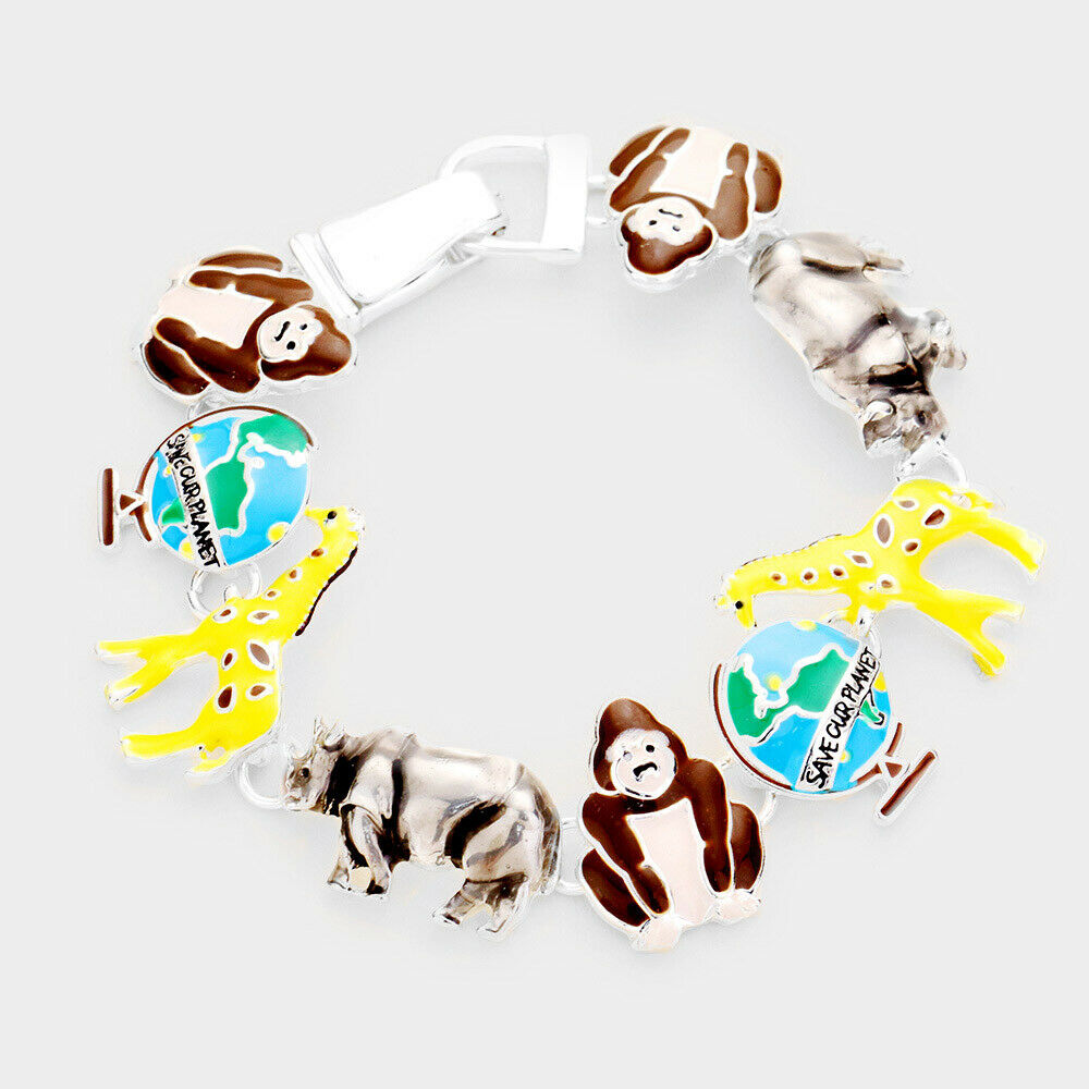 Surf Bracelet Chain Link Magnetic Clasp Metal Save Our Planet Monkey Giraffe - PalmTreeSky