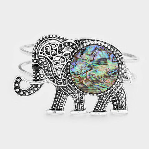 Elephant Bracelet Hinge Bangle Double Metal Bar Textured SILVER ABALONE SHELL - PalmTreeSky