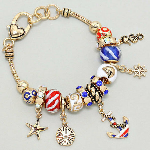 Anchor Bracelet Beaded Charm GOLD RED Patriotic SandDollar Sailor USA Jewelry - PalmTreeSky