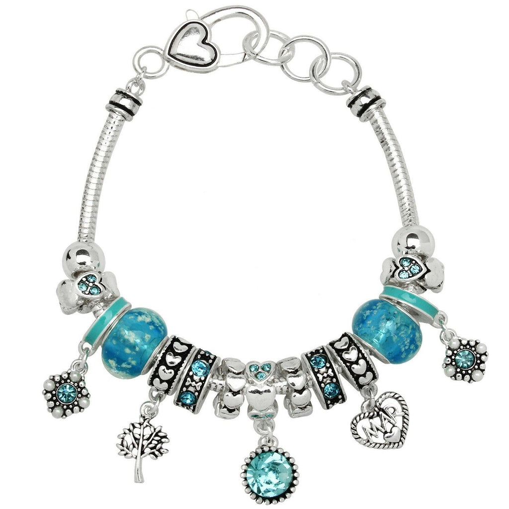 Birthstone Bracelet Multi Sliding Bead Heart Tree March Aqua SILVER Jewelry - PalmTreeSky