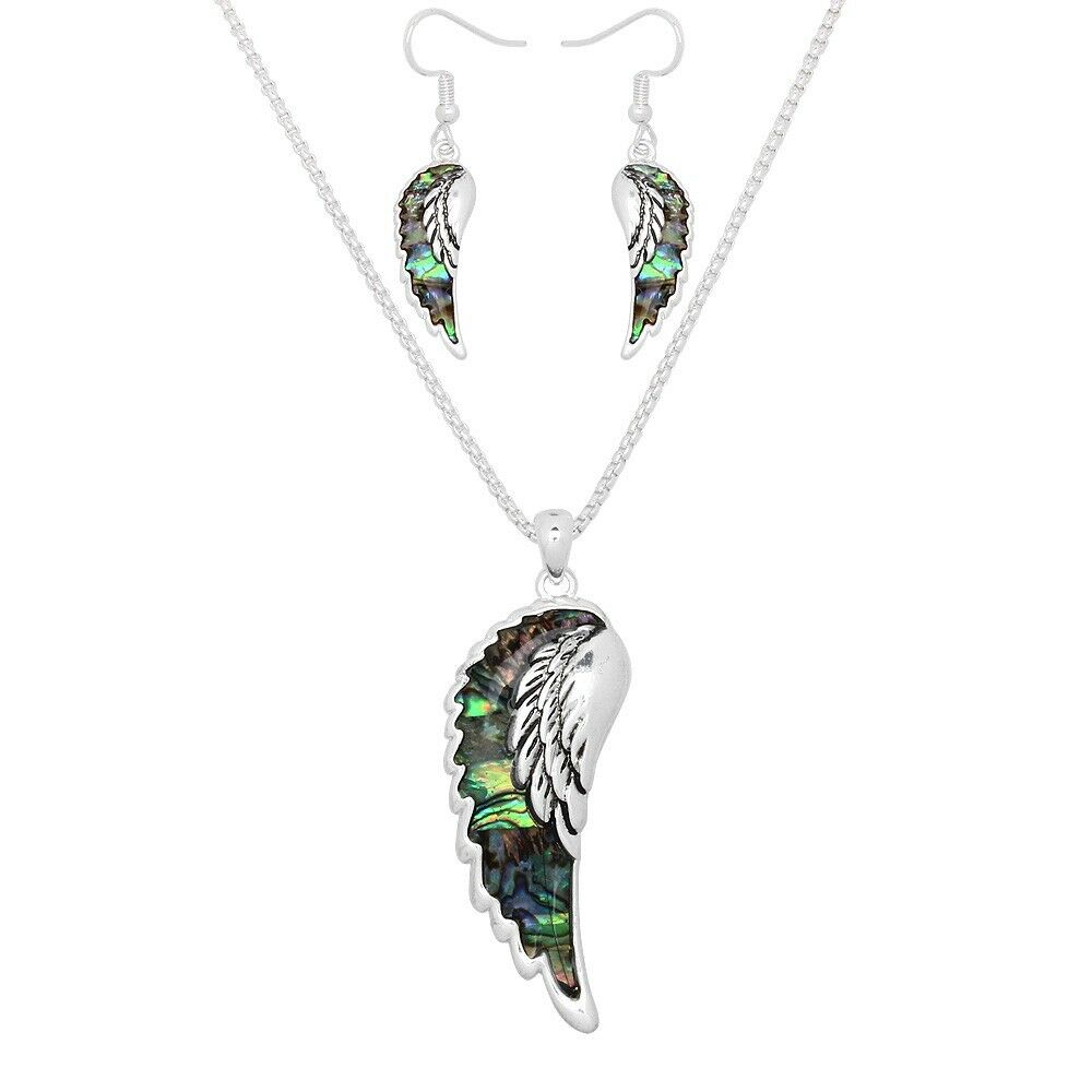 Angel Wing Necklace Large Pendant Charm Abalone Shell SILVER Long Chain Feather - PalmTreeSky