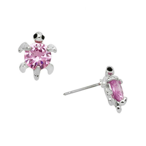 Turtle Earrings Small Stud Post Charm CZ Cubic Zirconia Crystal SILVER PINK - PalmTreeSky