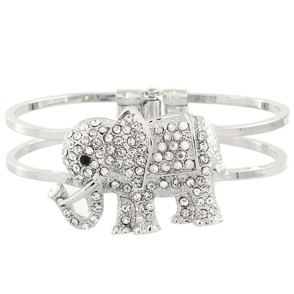 Elephant Bracelet Hinge Bangle Double Metal Bar Rhinestone Pave SILVER Jewelry - PalmTreeSky