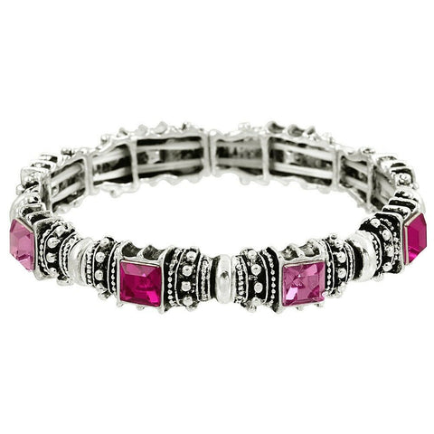 Crystal Bracelet Textured Metal Pave Stone Stretch SILVER FUCHSIA PINK Evening - PalmTreeSky