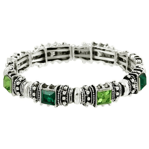 Crystal Bracelet Textured Metal Pave Stone Stretch SILVER EMERALD GREEN Evening - PalmTreeSky