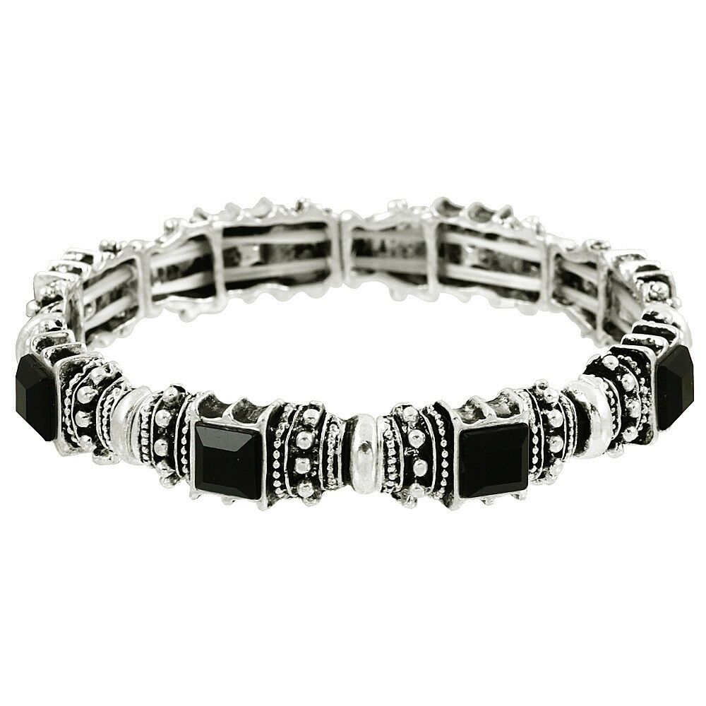 Crystal Bracelet Textured Metal Pave Stone Stretch SILVER BLACK Evening Glam - PalmTreeSky