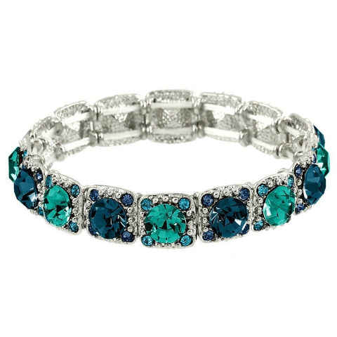 Crystal Bracelet Pave Rhinestones Square Cut Stretch SILVER MONTANA TEAL Evening - PalmTreeSky