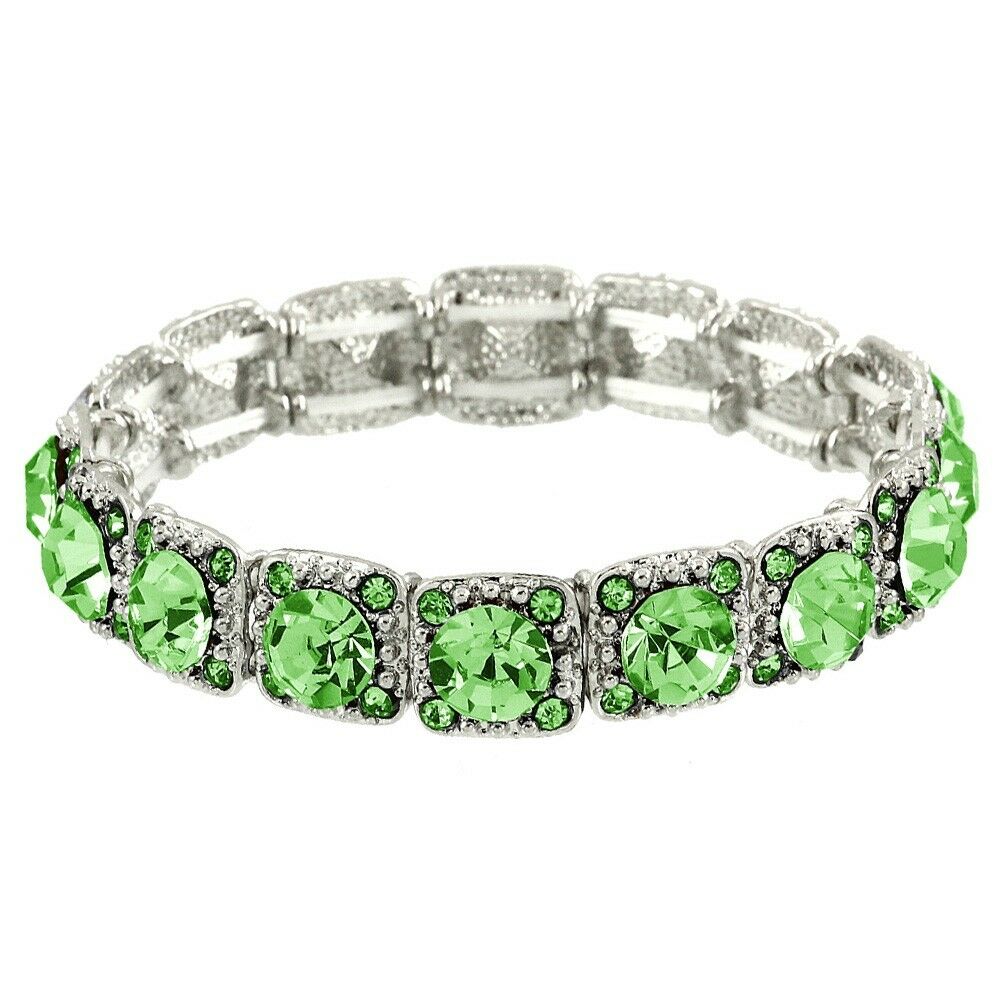 Crystal Bracelet Pave Rhinestones Square Cut Stretch SILVER GREEN Evening Glam - PalmTreeSky