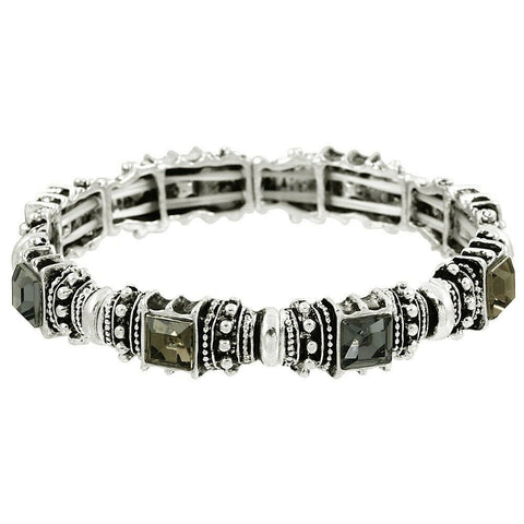 Crystal Bracelet Textured Metal Pave Stone Stretch SILVER BLACK GRAY Evening - PalmTreeSky