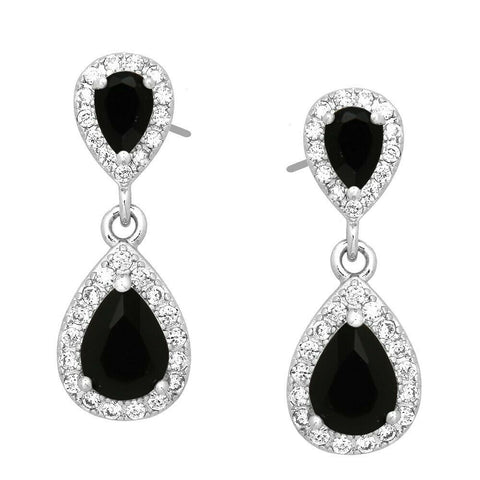 Crystal Earrings Stud Post Double Teardrop CZ Cubic Zirconia Crystal SILVER JET - PalmTreeSky