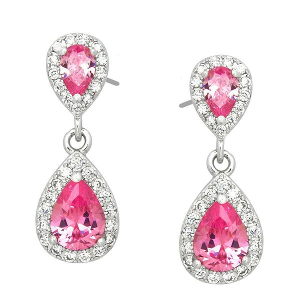 Crystal Earrings Stud Post Double Teardrop CZ Cubic Zirconia Crystal SILVER PINK - PalmTreeSky