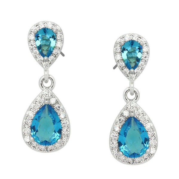 Crystal Earrings Stud Post Double Teardrop CZ Cubic Zirconia Crystal SILVER AQUA - PalmTreeSky