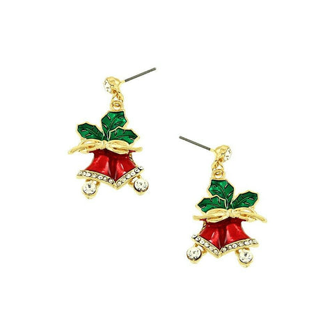 Christmas Bells Earrings Santa Holly Stud Post Holiday Party Gifts Crystal GOLD - PalmTreeSky