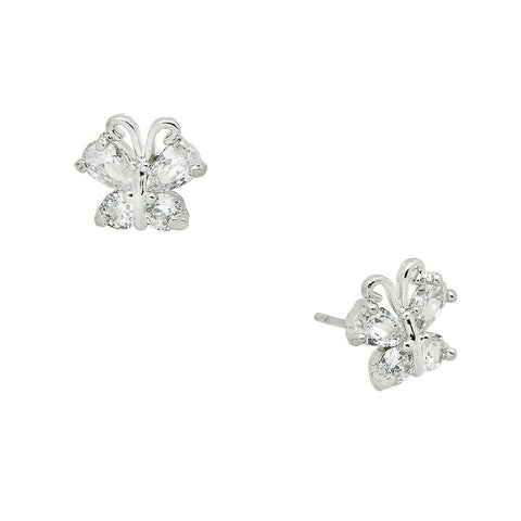 Butterfly Earrings Tiny Studs Posts Cubic Zorconia CZ Spring Summer SILVER CLEAR - PalmTreeSky