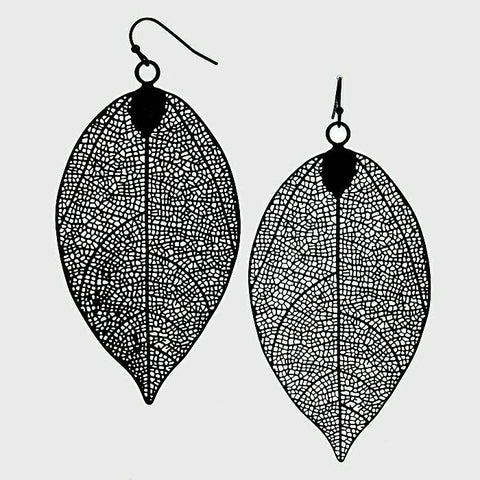Earrings Metal Leaf CutOut Filigree BLACK 3 1/2" Chandelier Hanging Jewelry - PalmTreeSky