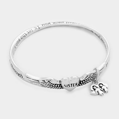 Sister Bracelet Angel Wings SILVER Charm Flowers Inspirational Message Jewelry - PalmTreeSky