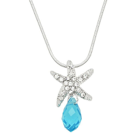 Starfish Necklace Rhinestone Crystal Teardrop Sea Life Beach SILVER TURQUOISE - PalmTreeSky