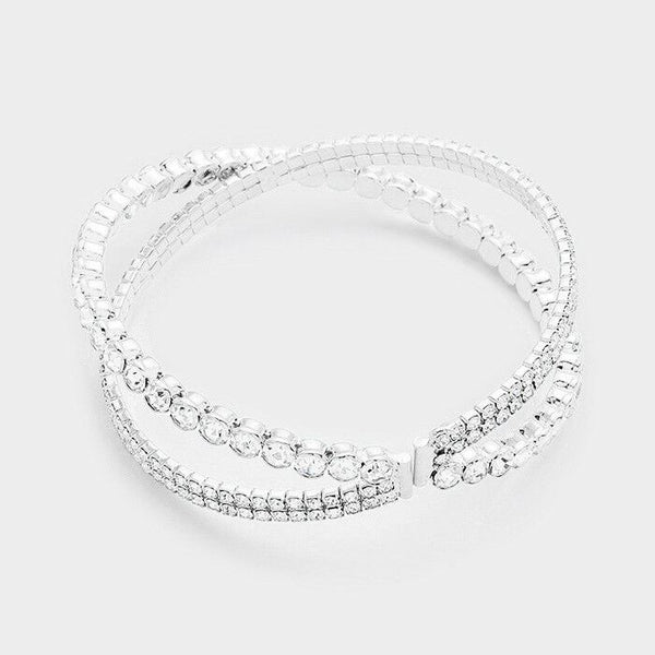 Crisscross Bangle Bracelet Thin Rhinestone Cuff SILVER Celebrity Style Event - PalmTreeSky