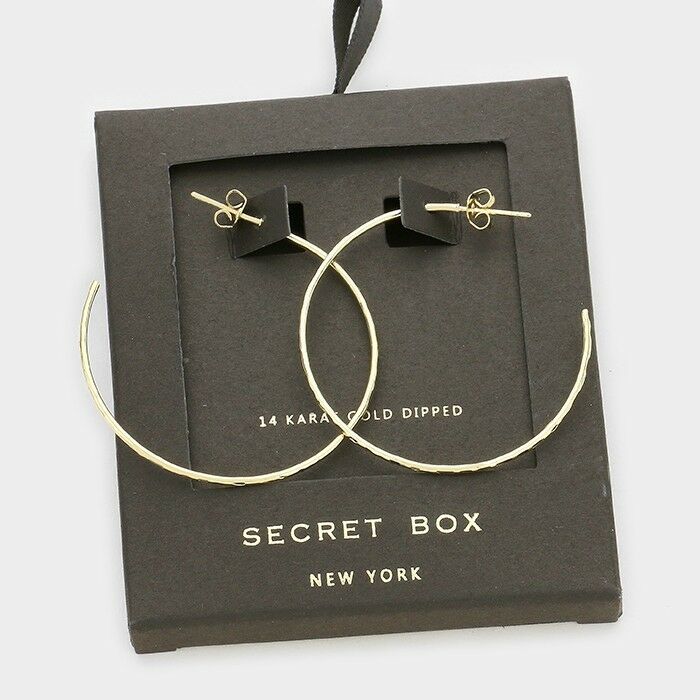 Hoop Earrings Post Thin 1.5" Secret Gift Box 14K GOLD DIPPED Plain Classic - PalmTreeSky