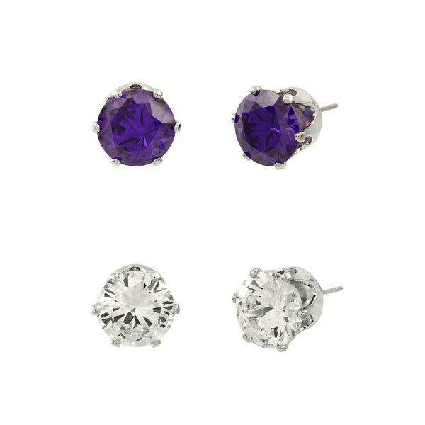 CZ Studs SET of 2 Crystal Earrings Post Cubic Zirconia Crystal SILVER PURPLE 8mm - PalmTreeSky