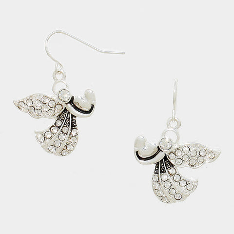 Angel Earrings Angel Wings Side Faith BURNISHED SILVER 1.25" Drop Jewelry - PalmTreeSky