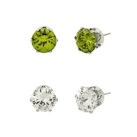 CZ Studs SET of 2 Crystal Earrings Post Cubic Zirconia Crystal SILVER OLIVE 8mm - PalmTreeSky